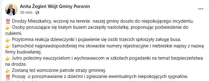 Niepokojący incydent w gminie Poronin. Wójt apeluje do mieszkańców o ostrożność